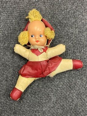 Vintage 1950s Oil Cloth Doll damaged retro plastic face coated canvas